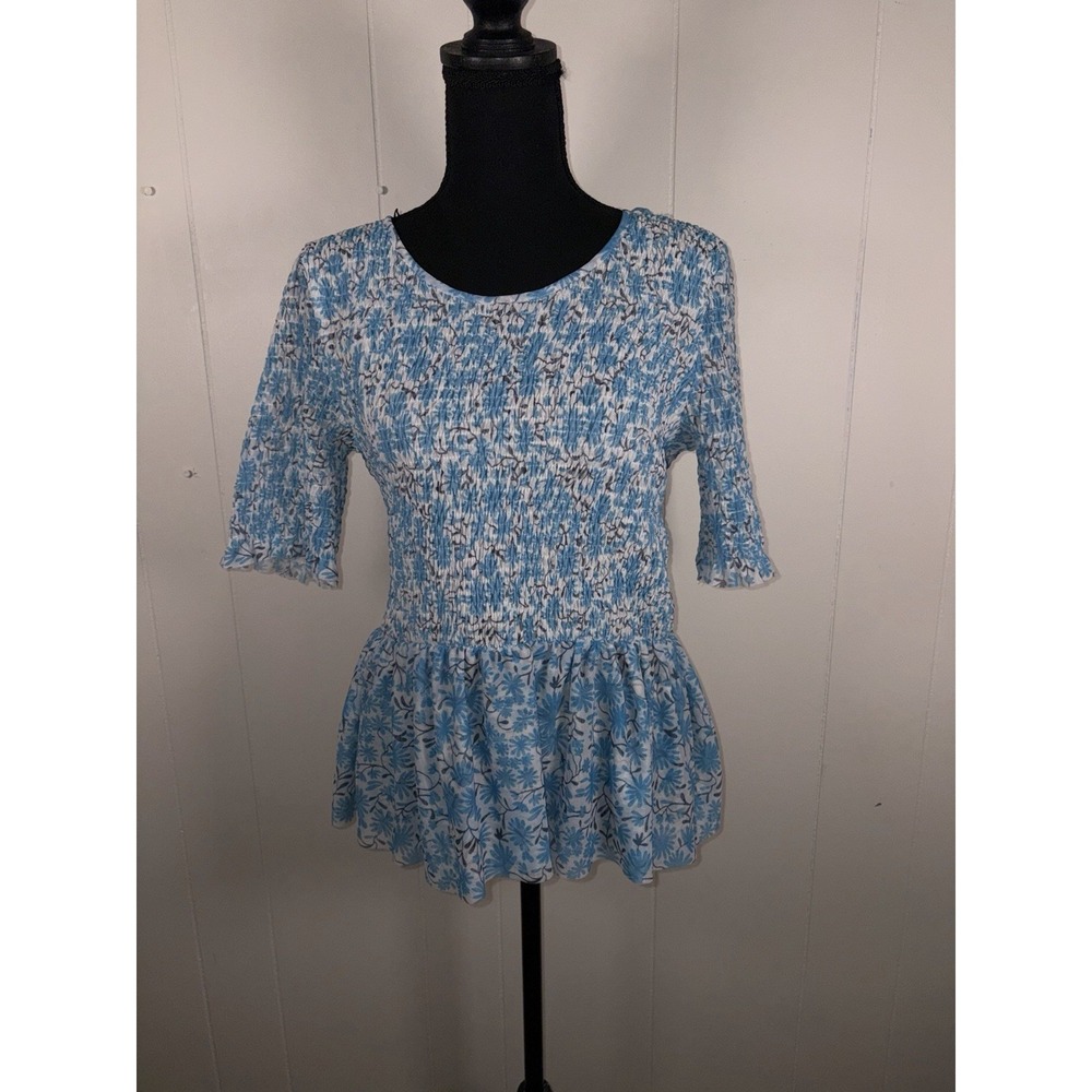 Anthropologie Maeve Ashton smocked peplum top blue floral